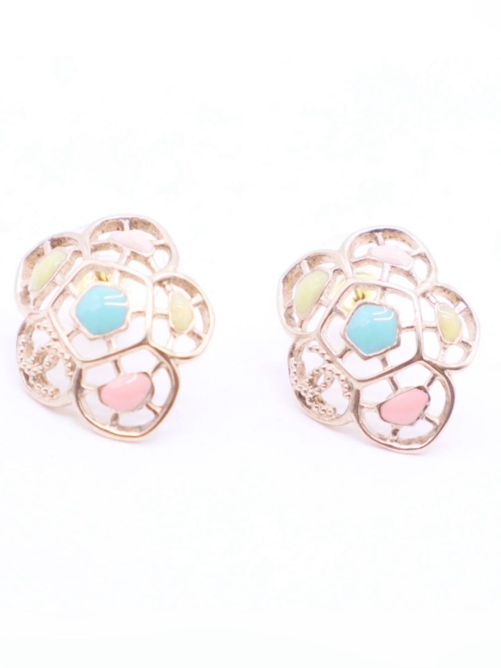 CHANEL CC Camellia Stud Earrings - Pink, Blue & Green